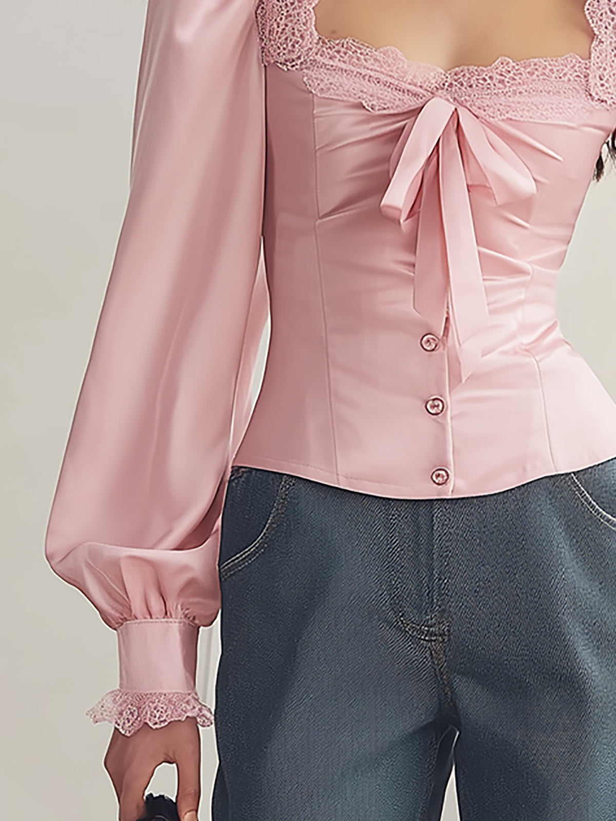 Julielle Blush Satin Blouse with Elegant Lace Trim - V-Neck Style