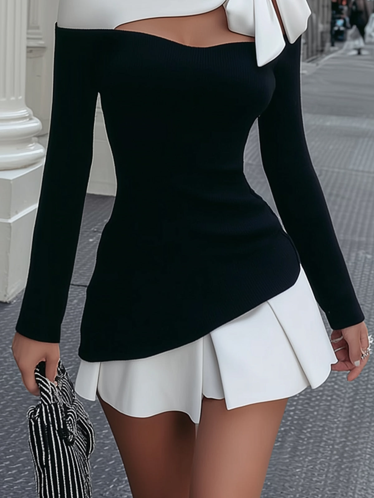 Julielle Color Block Knit Dress with Satin Bow Off Shoulder Style