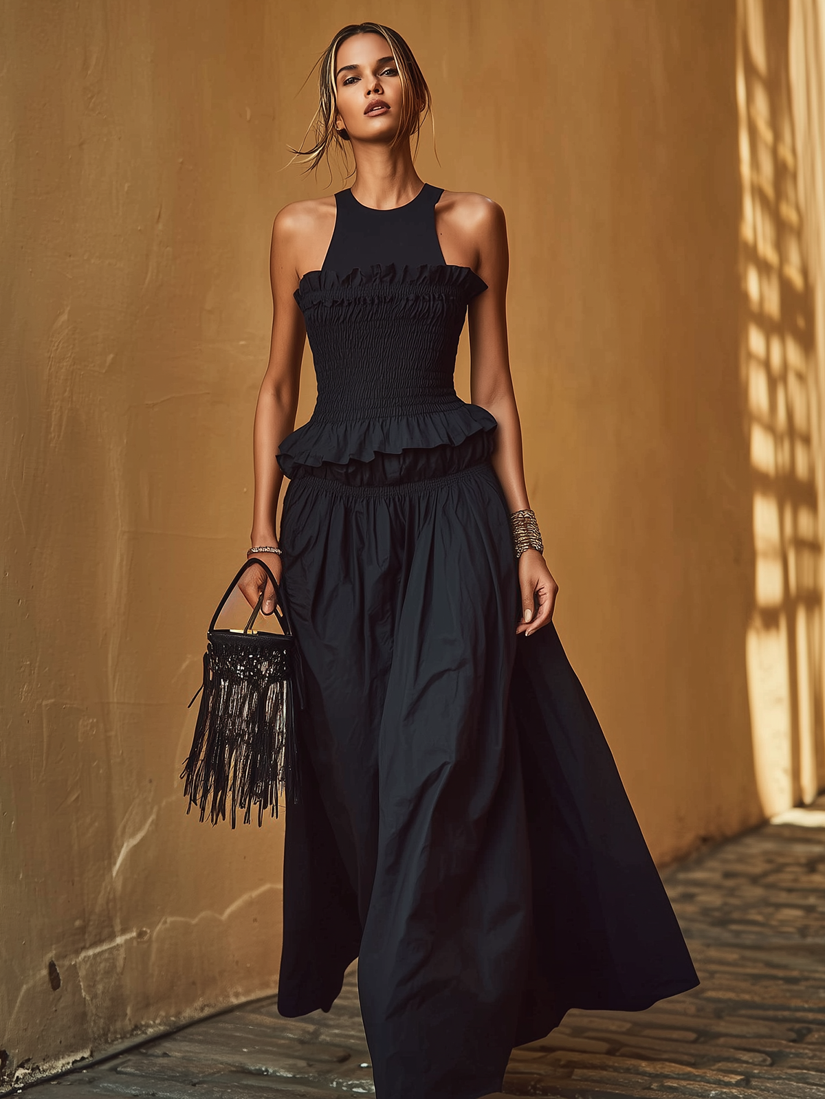 Julielle Black Ruffle Maxi Dress Smocked Waist Sleeveless