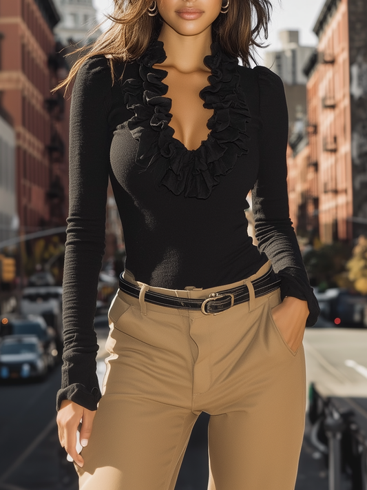 Julielle Black Ruffle Trim V-Neck Top - Long Sleeve Style