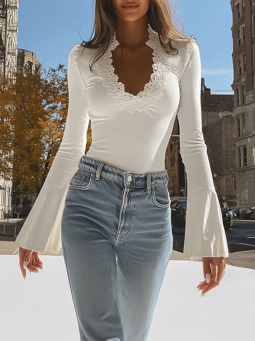 Julielle White V-Neck Top with Elegant Lace Trim & Bell Sleeves