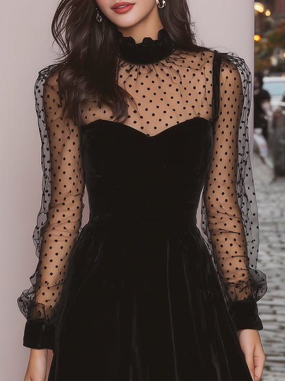 Julielle Black Velvet Mini Dress with Mesh Polka Dot Sleeves