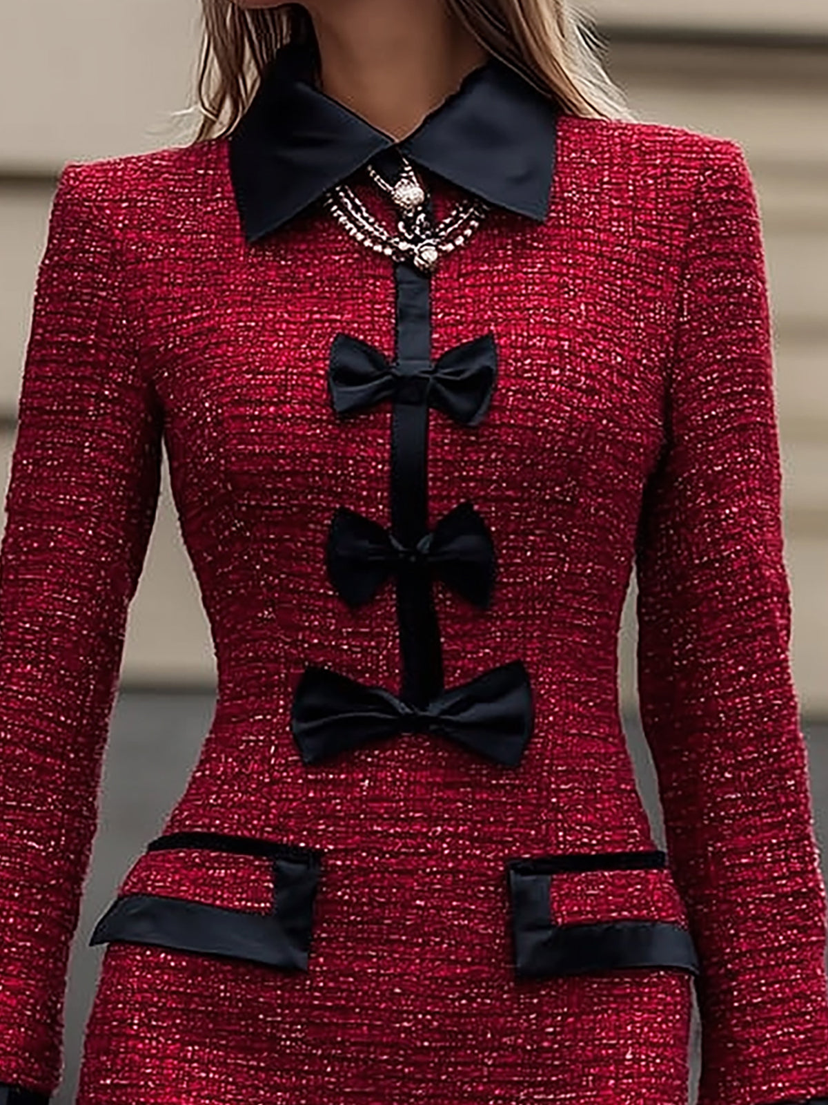 Julielle Red Tweed Mini Dress with Black Bow Trim