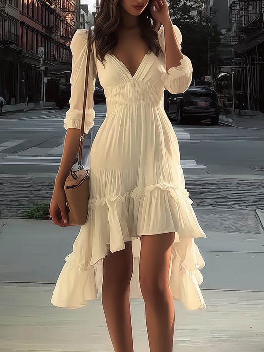 Julielle White V-Neck Midi Dress Smocked Waist Ruffle Hem