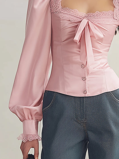Julielle Blush Satin Blouse with Elegant Lace Trim - V-Neck Style