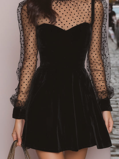 Julielle Black Velvet Mini Dress with Mesh Polka Dot Sleeves