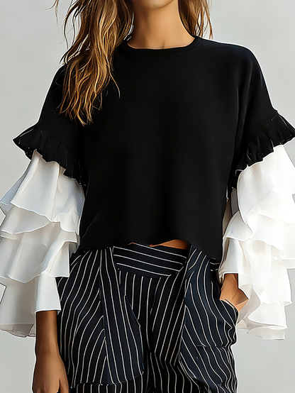 Maeyira Black Crop Top with Elegant White Tiered Ruffle Sleeves
