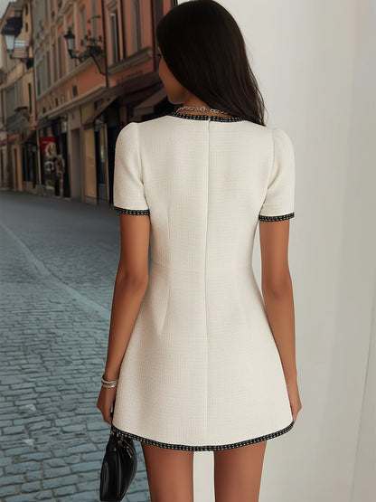 Julielle Cream Tweed Mini Dress with Black Trim Button Front Style