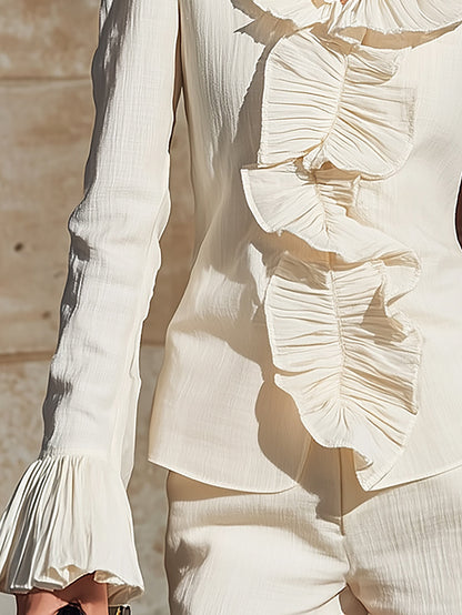 Maeyira Cream Ruffle Trim Blouse - Elegant Long Sleeve Design 