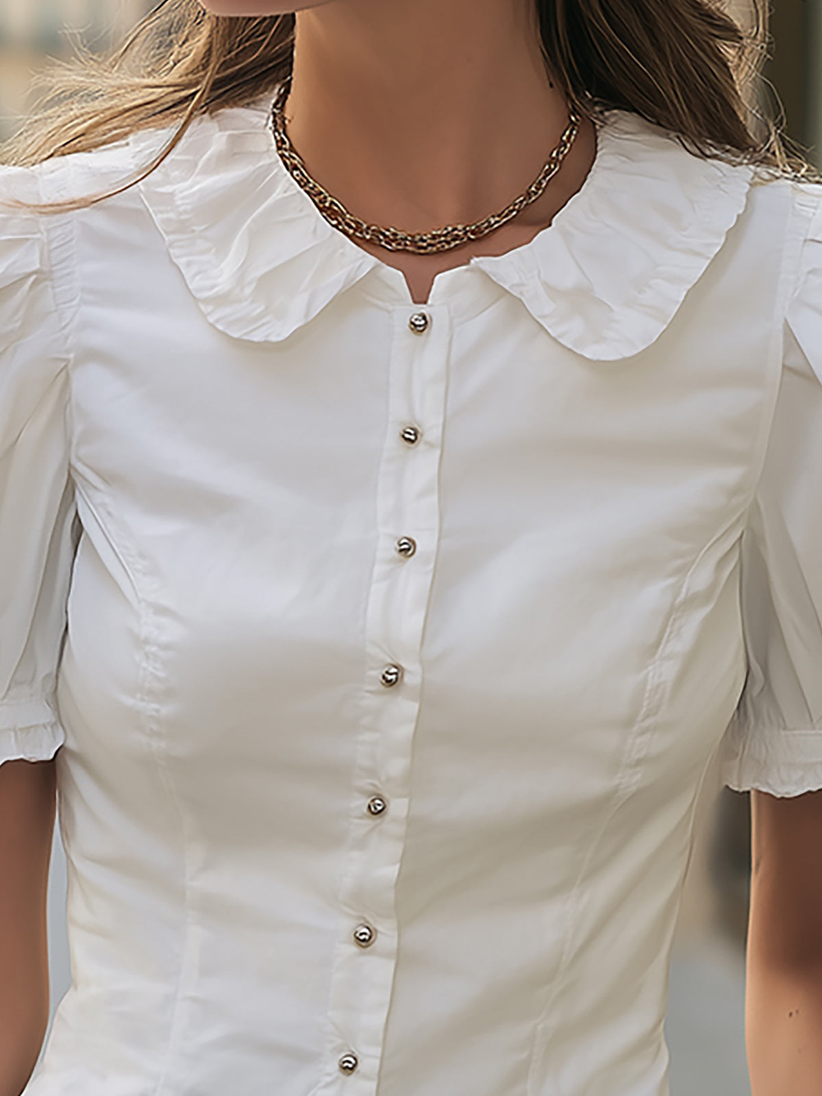 Maeyira White Peter Pan Collar Blouse - Elegant Puff Sleeve Fit 