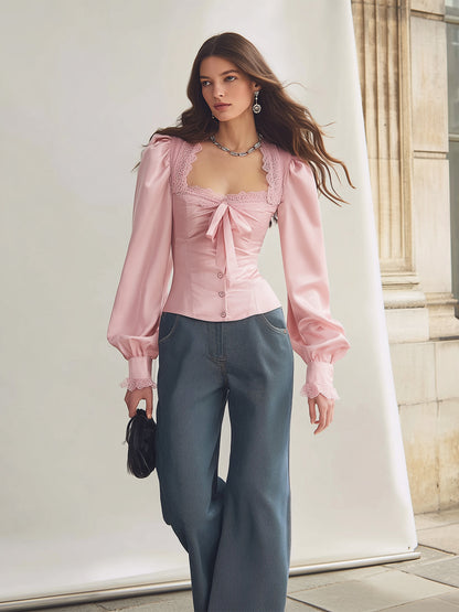 Julielle Blush Satin Blouse with Elegant Lace Trim - V-Neck Style