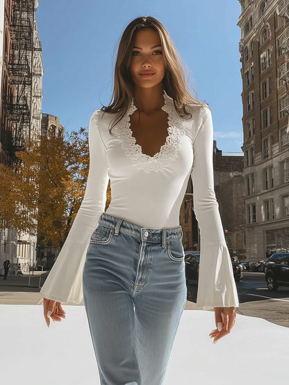 Julielle White V-Neck Top with Elegant Lace Trim & Bell Sleeves