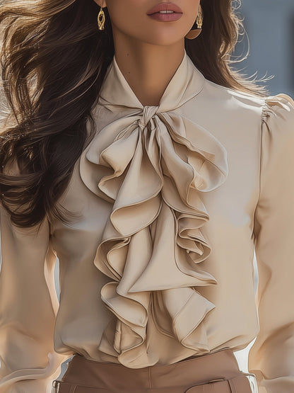Julielle Lotus Leaf Collar Satin Shirt - Elegant Commuter Blouse