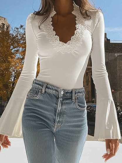 Julielle White V-Neck Top with Elegant Lace Trim & Bell Sleeves