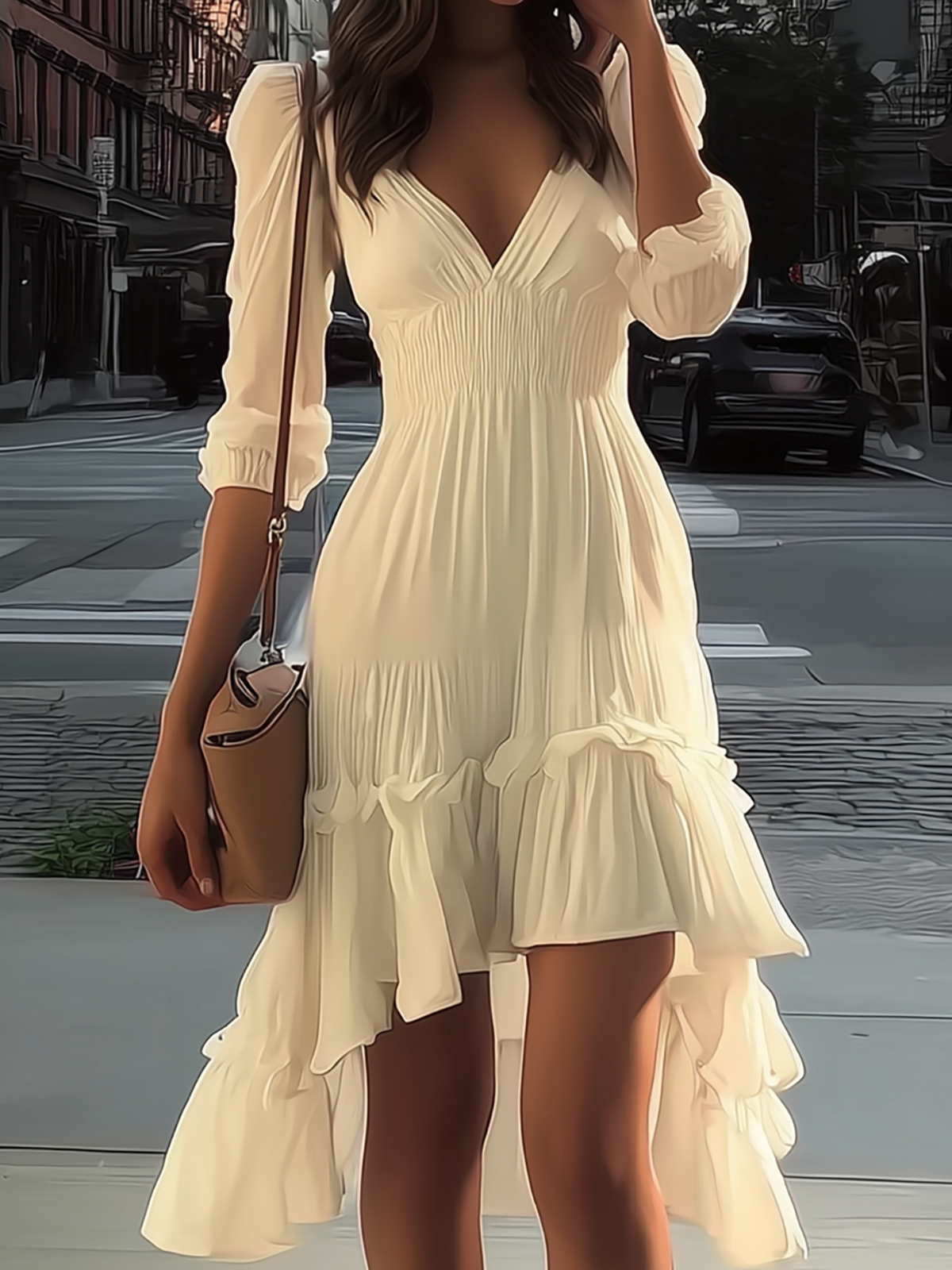 Julielle White V-Neck Midi Dress Smocked Waist Ruffle Hem