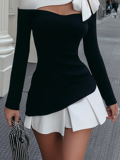 Julielle Color Block Knit Dress with Satin Bow Off Shoulder Style